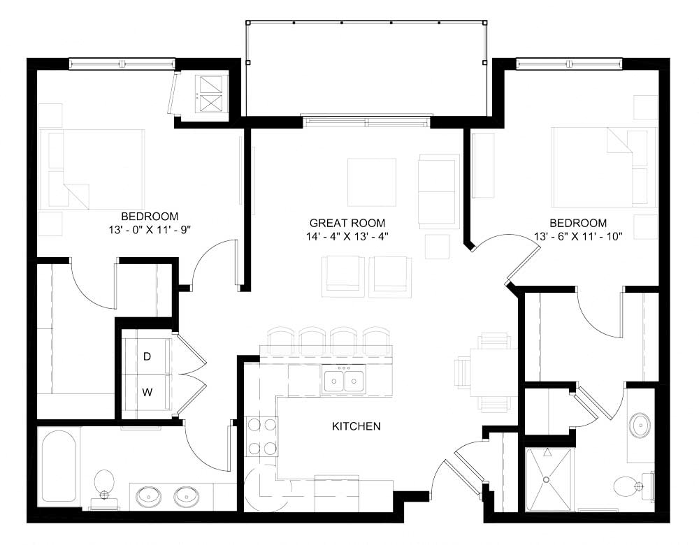 Floor plan for 2 beds, 2 baths, 1094 sqft